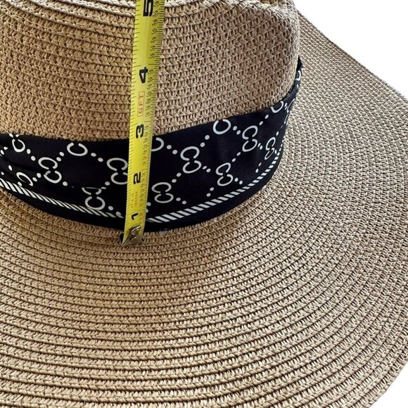 Odiva Summer Hat Khaki Stripe Pattern Band Straw Sun Hat - Picture 12 of 16